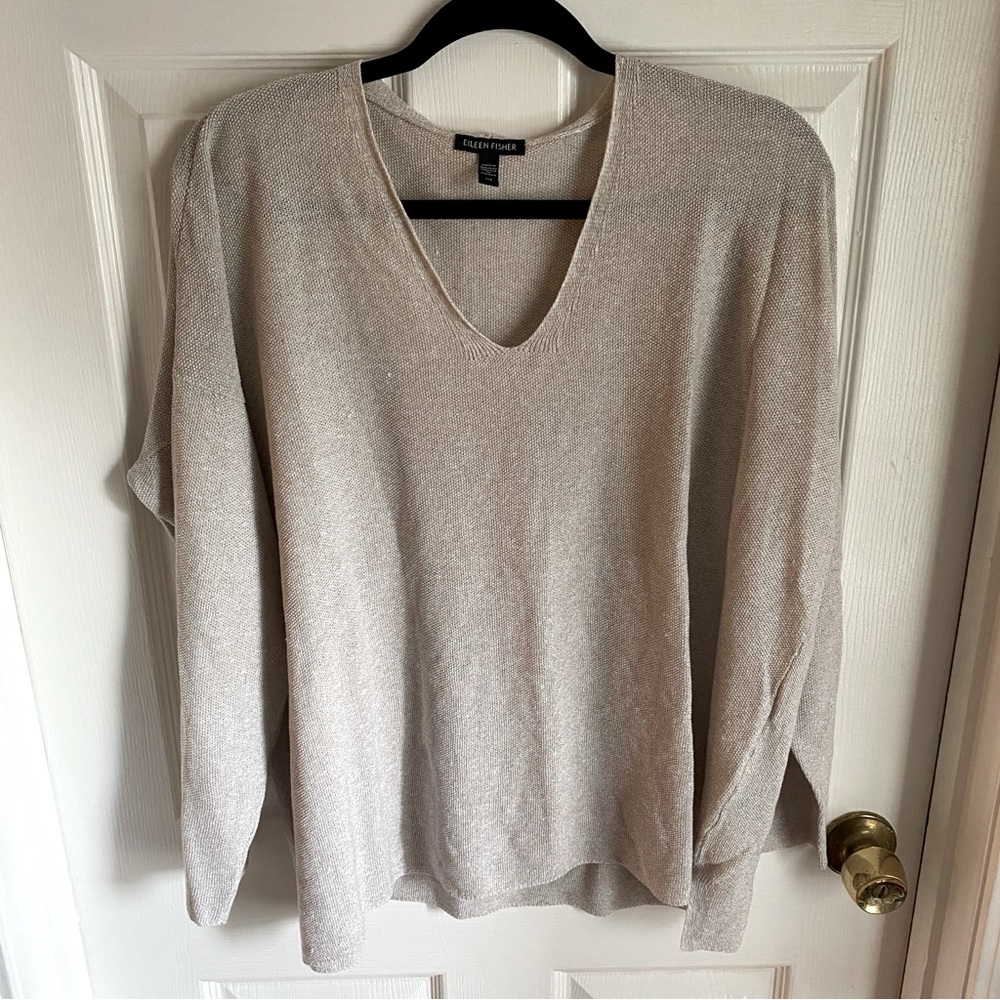 Eileen Fisher Oatmeal Tan Organic Linen Cotton Blend Light Sweater L